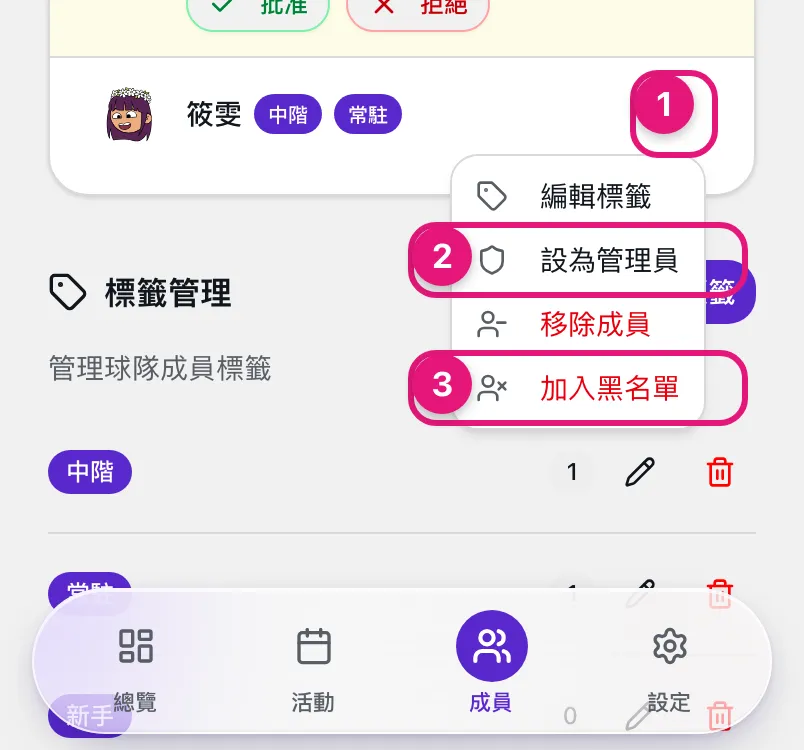 成員列的 ⋯ 選單,①點開選單、②設為管理員、③加入黑名單