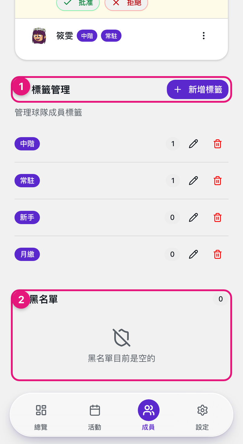 成員分頁往下捲，①標籤管理卡片（可新增／改色／刪除標籤），②黑名單區塊就在標籤管理正下方